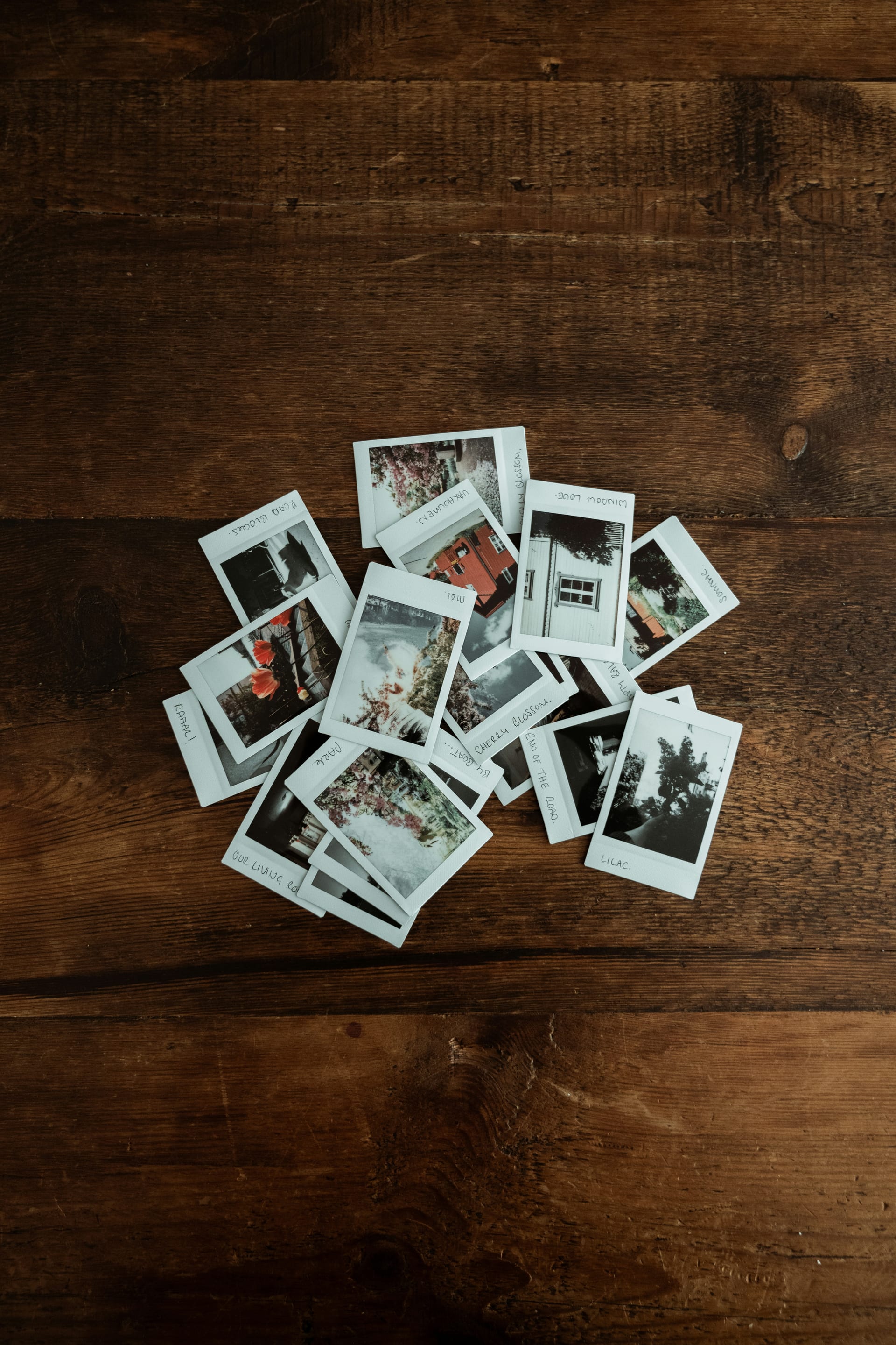 An open photo book spread beside a cup of coffee on a light table.